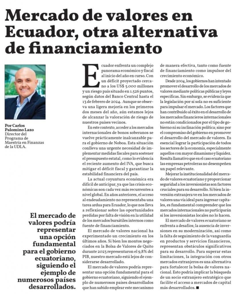MERCADO DE VALORES EN ECUADOR, OTRA ALTERNATIVA DE FINANCIAMIENTO / CARLOS PALOMINO